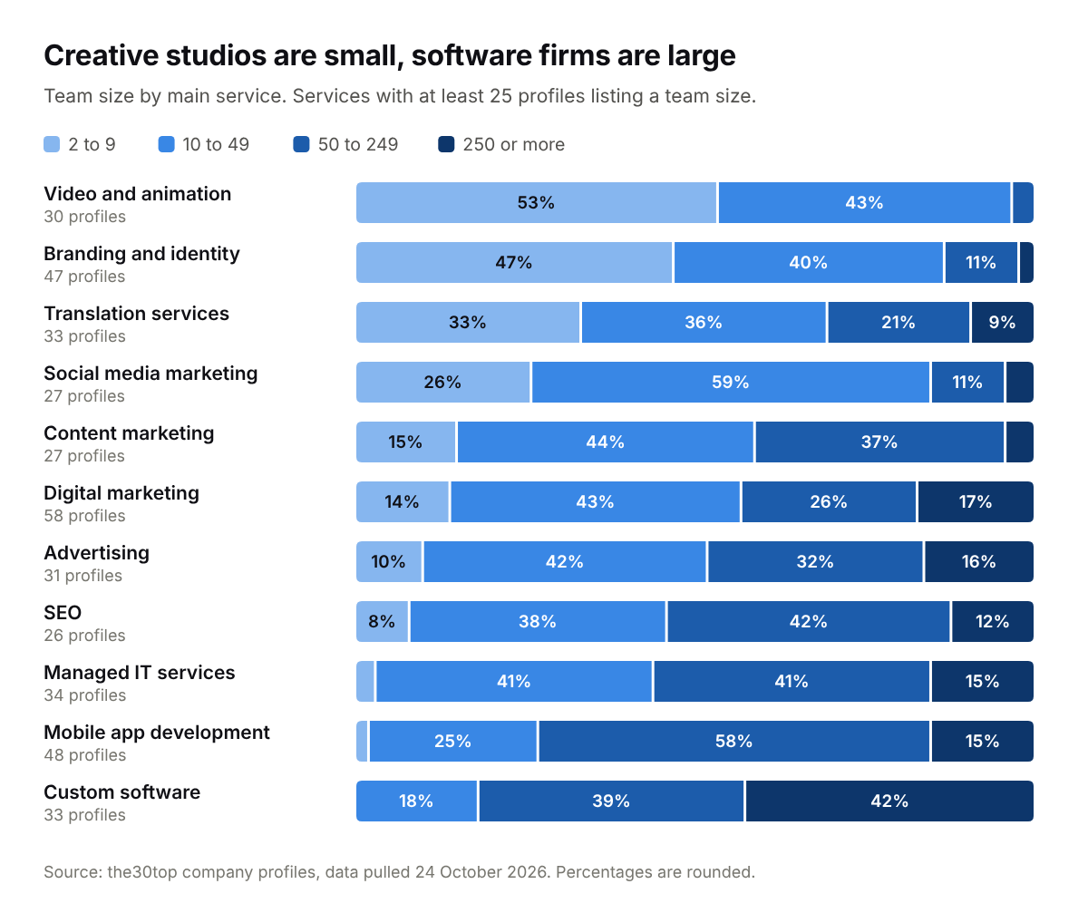 Stacked bar chart of team sizes by service. 53% of video and animation studios and 47% of branding agencies have fewer than 10 people, while 42% of custom software developers have 250 or more.